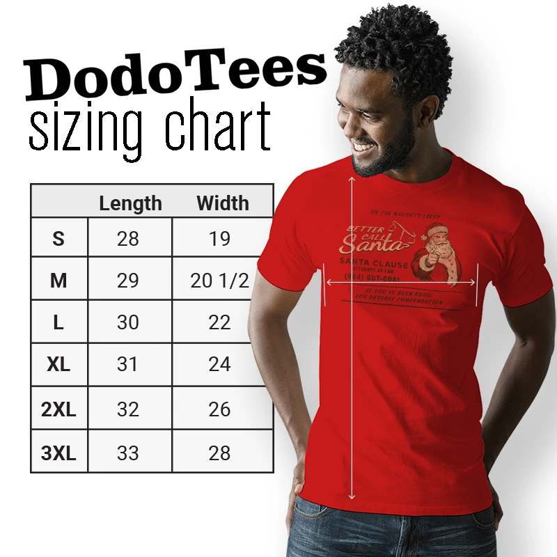 santa t shirt for men sizing chart. available in sizes small to 3XL
