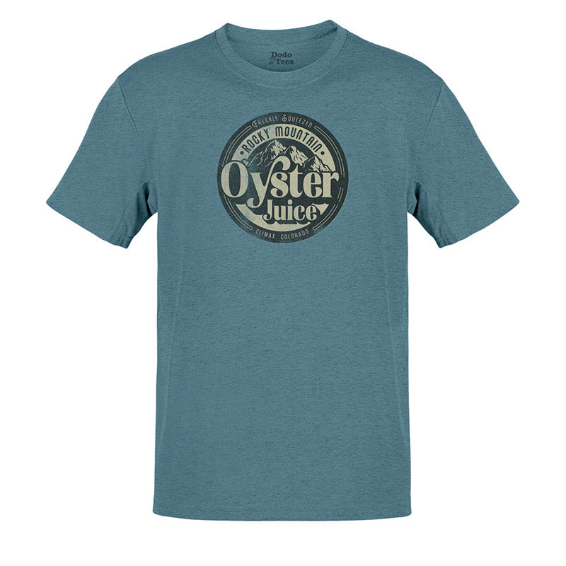 sarcastic t shirt with rocky mountain oyster juice logo in heather slate by dodo tees