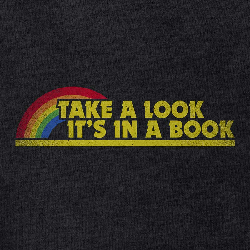 detail view of 80s t shirt with take a look its in a book graphic by dodo tees