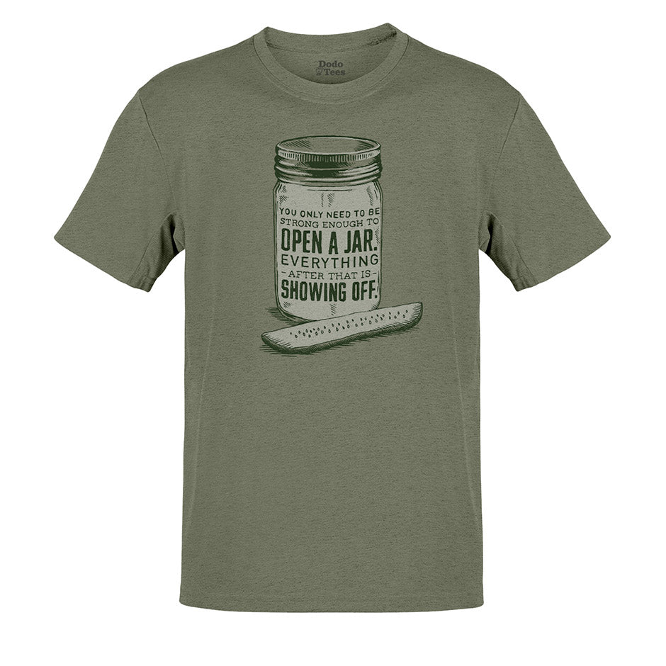 pickle shirt in heather olive by dodo tees. The pickle merch is side-seamed for a flattering fit.