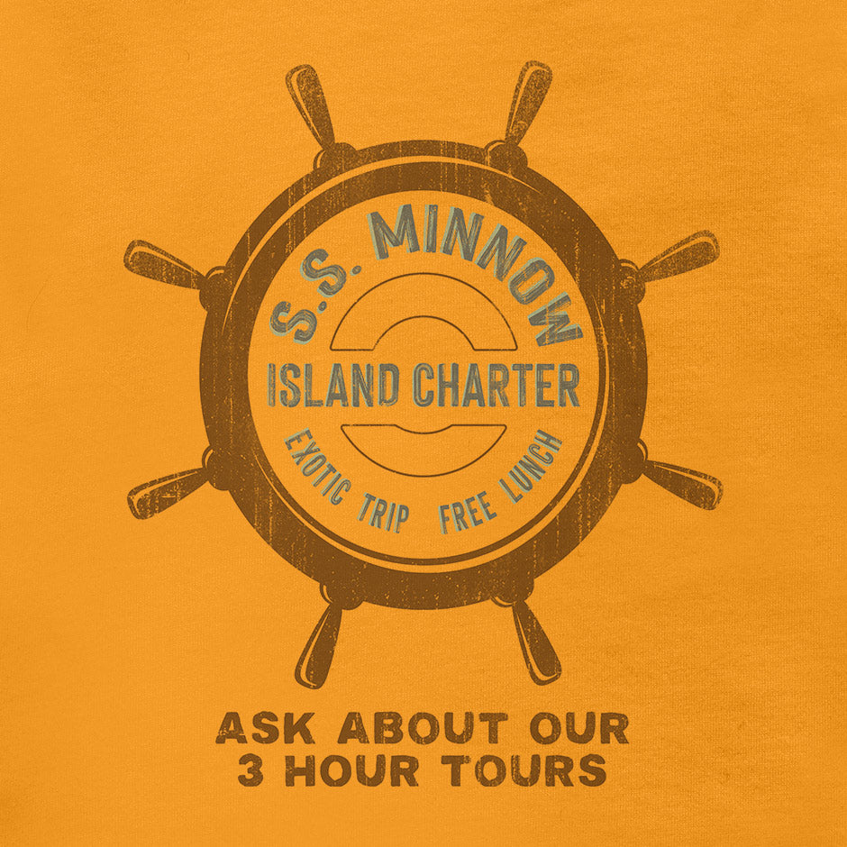SS minnow beach t shirt by dodo tees is a reproduction of the graphic shown on the dock of the port. The retro 60s shirts say Ask about our 3 hour tours.
