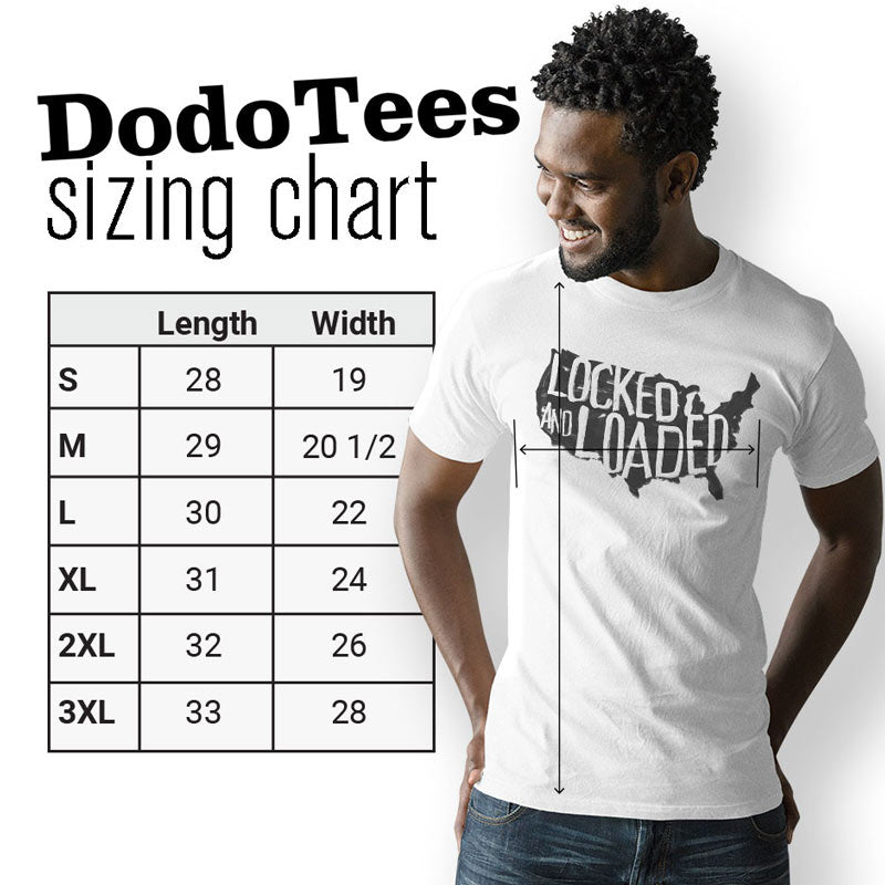 2nd Amendment Clothing chart for Dodo Tees with model wearing locked and loaded shirt