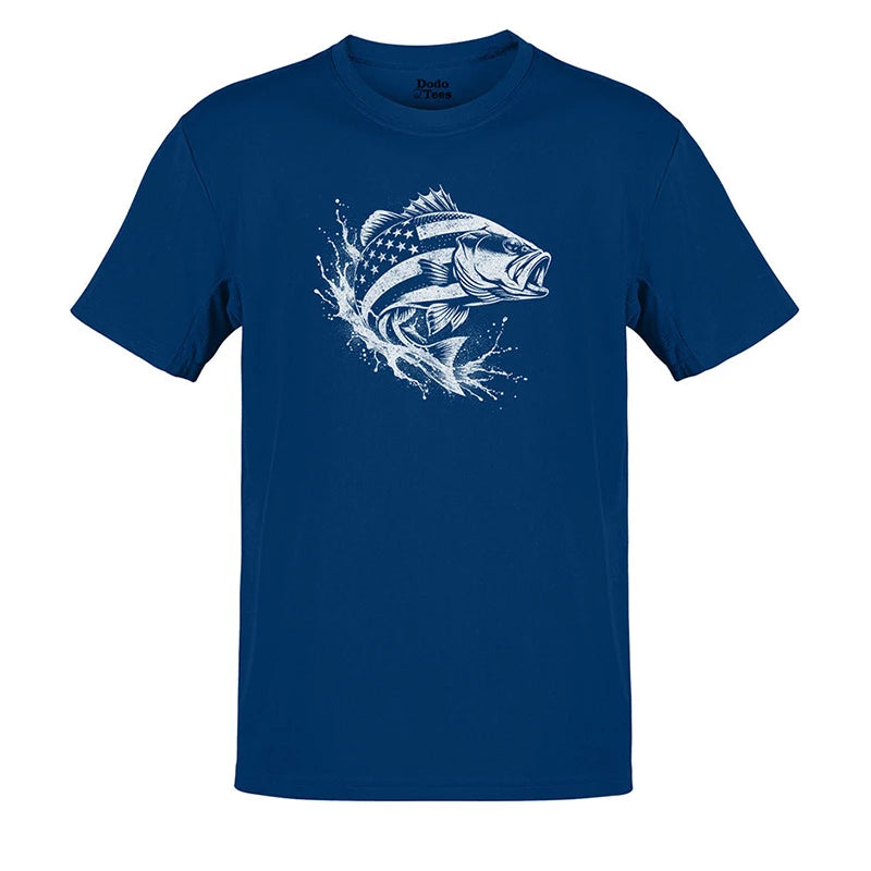 4th of july graphic tee with american flag fish graphic in blue