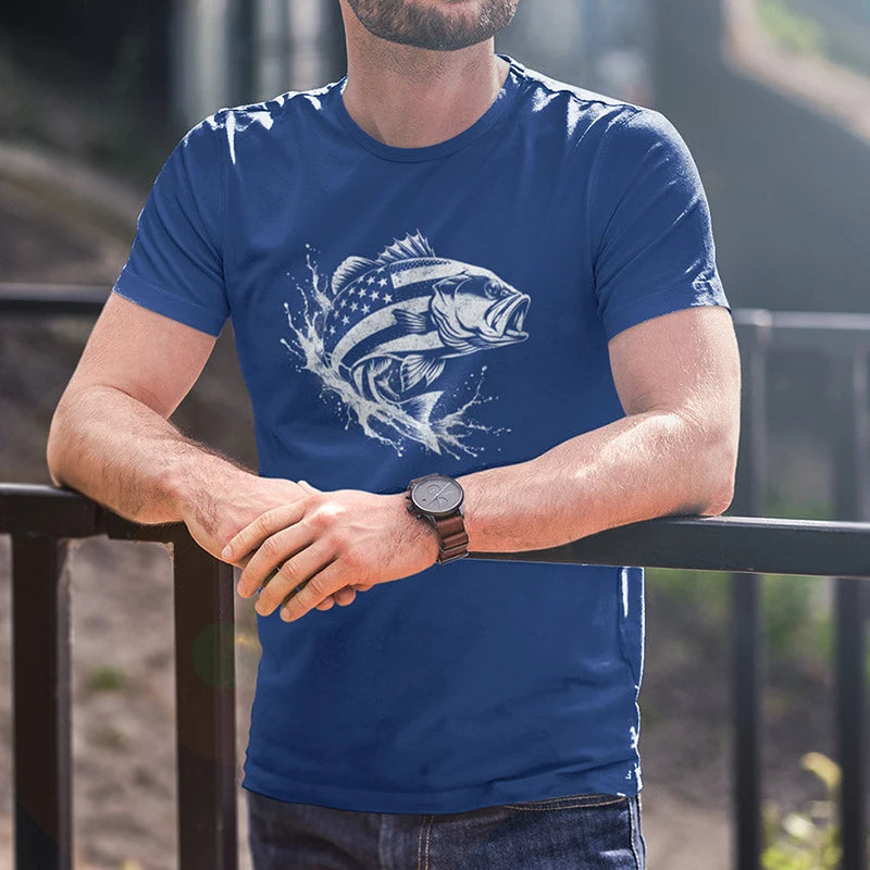 man outside wearing 4th of july shirt with patriotic fish