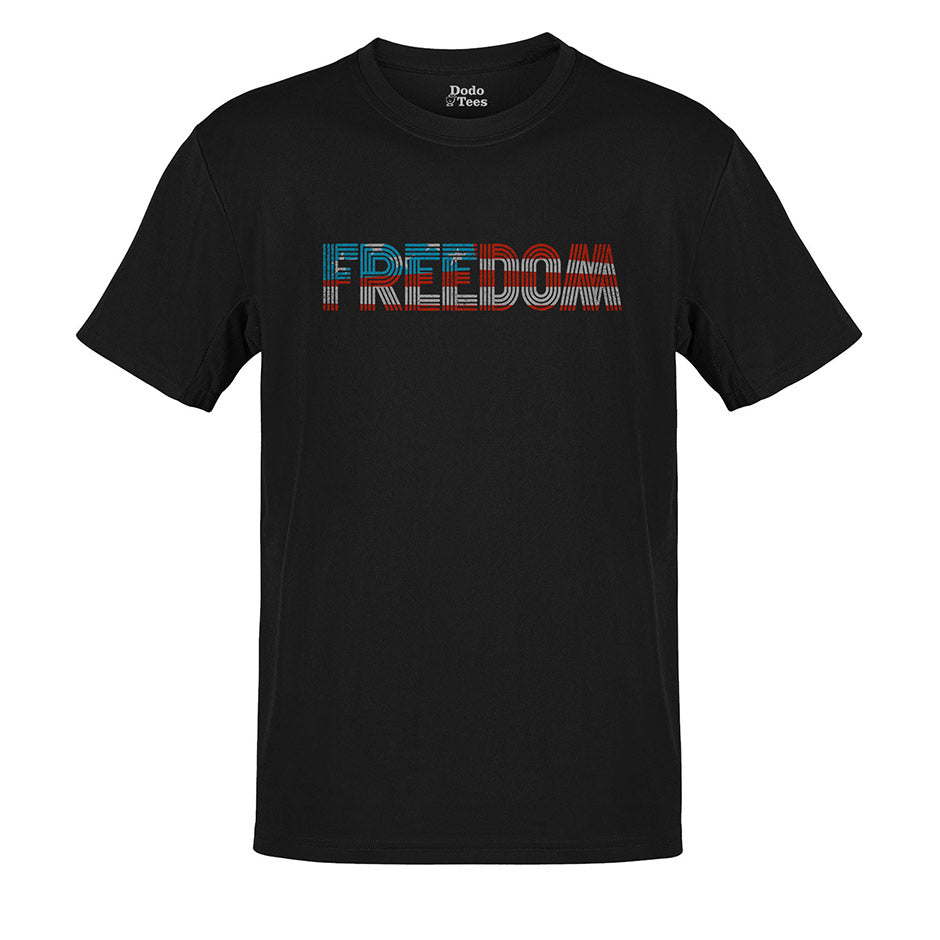 black 4th of july shirt that reads freedom on white background. The Patriotic T Shirts For Men features an original design by dodo tees