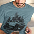 close up of the slate blue heather 4x4 off road camping t shirt by dodo tees