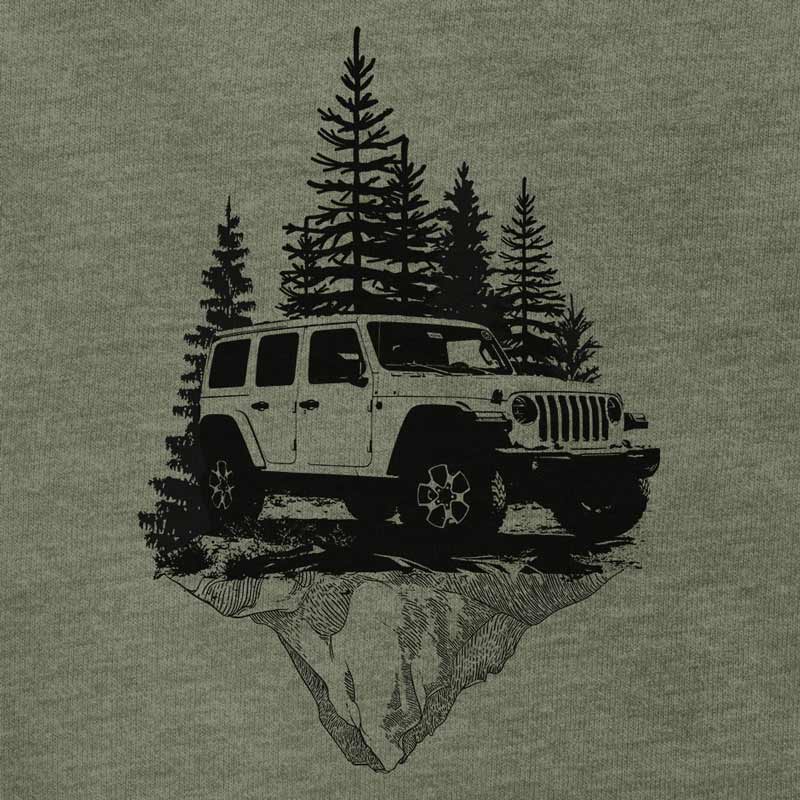 4x4 off roading shirt detail view featuring an illustration of a 4x4 with mountains by dodo tees