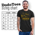 dodo tees 80s movie t shirts sizing chart with model wearing marvin berry and the starlighters shirt