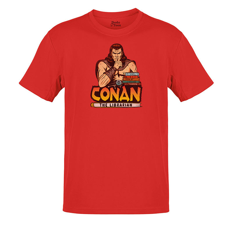  80s t shirt with conan the librarian illustration in red by dodo tees