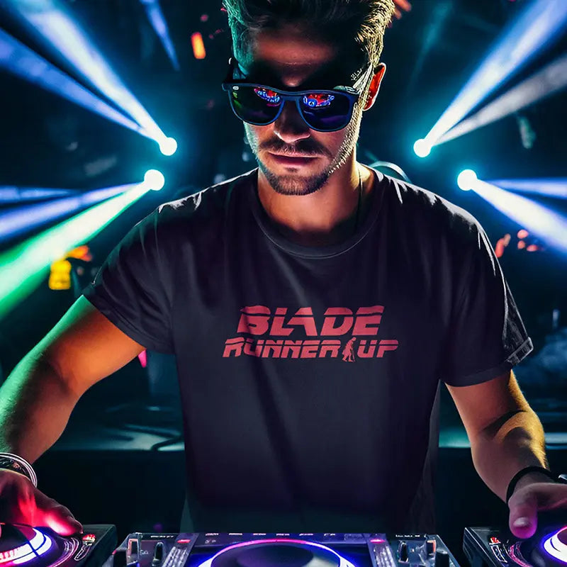 dj wearing 80s tee with blade runner up design