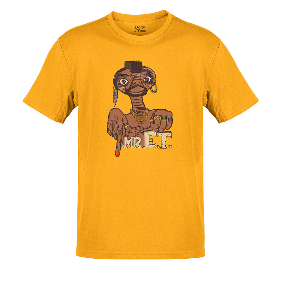 Gold version of the 80s tees featuring Mr. E.T. movie mashup illustration by Dodo Tees. the movie geek shirt is side-seamed for a modern fit.