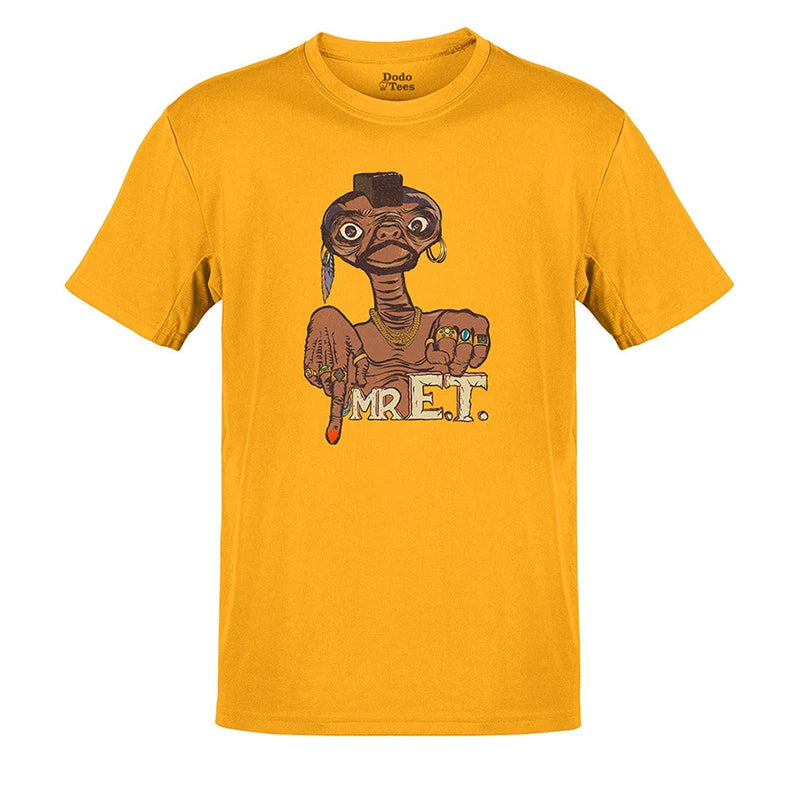 80s tee with mr. et funny cartoon in gold by dodo tees