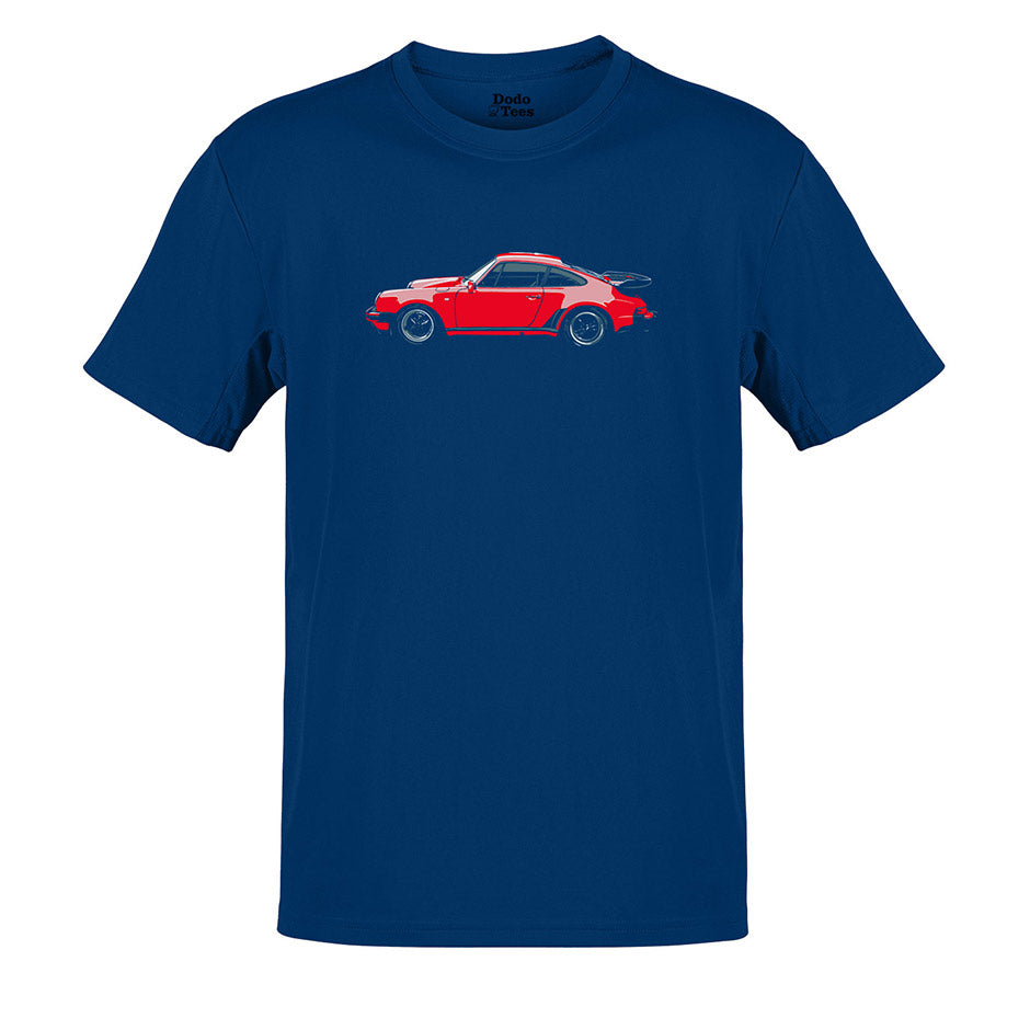 Blue version of the 911 Turbo car t shirt by Dodo Tees featuring a 1986 whale tail. 911 Car Shirts Comes in S-3XL.