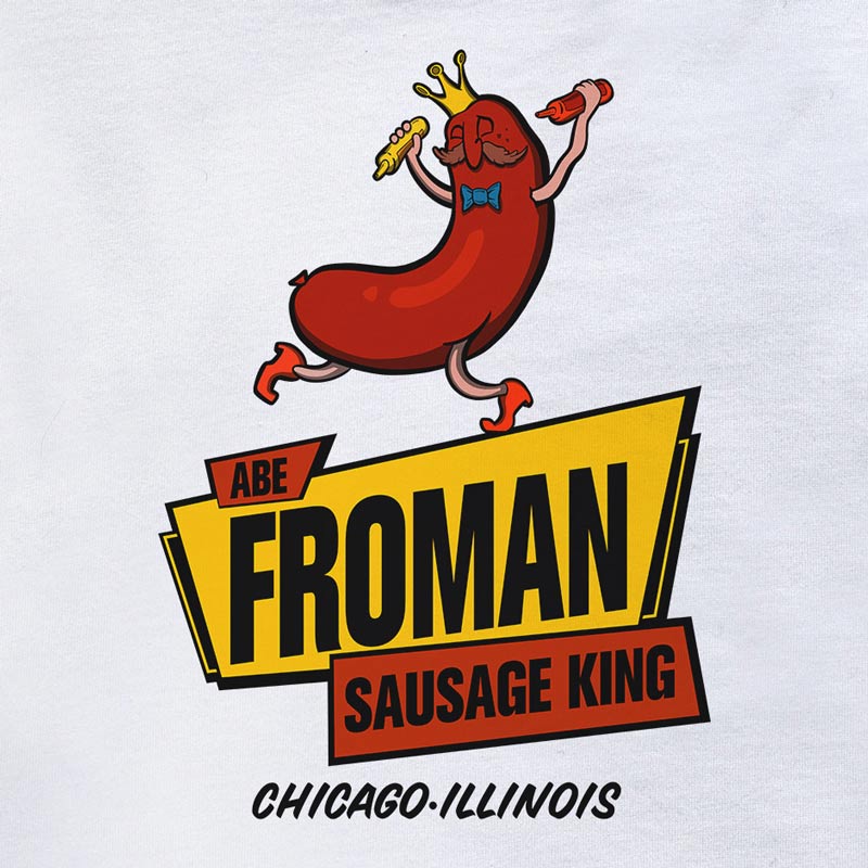Abe Froman shirt featuring a fun logo illustration of a dancing hot dog.