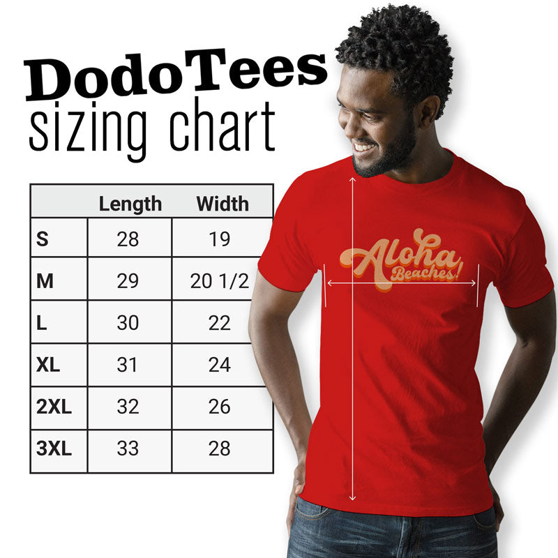 sizing chart for dodo tees ahoha beaches shirts, available in sizes small to 3XL