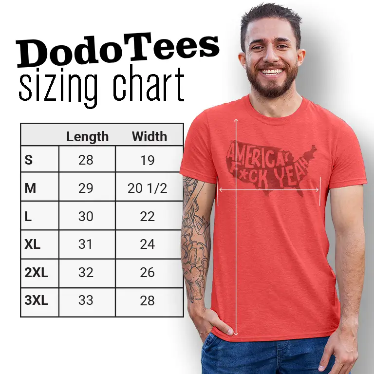 sizing chart for the America f yeah shirt design