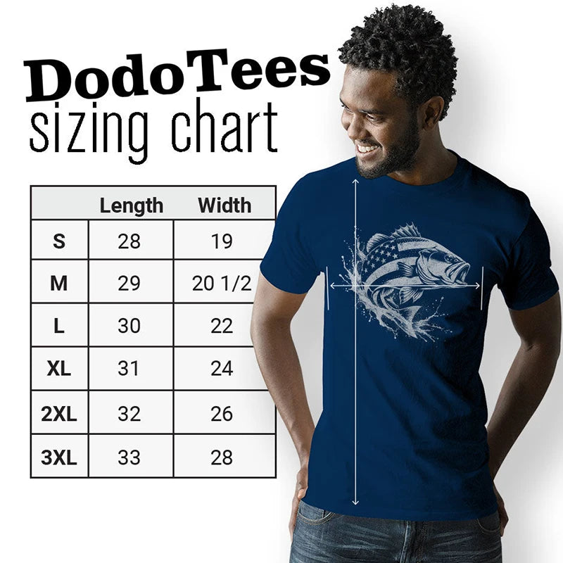 fishing t shirt sizing chart. available in sizes small to 3XL