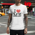 man in street wearing awesome tee shirts featuring the words I heart me. The heart on the Adult Humor Tees is a red heart icon.