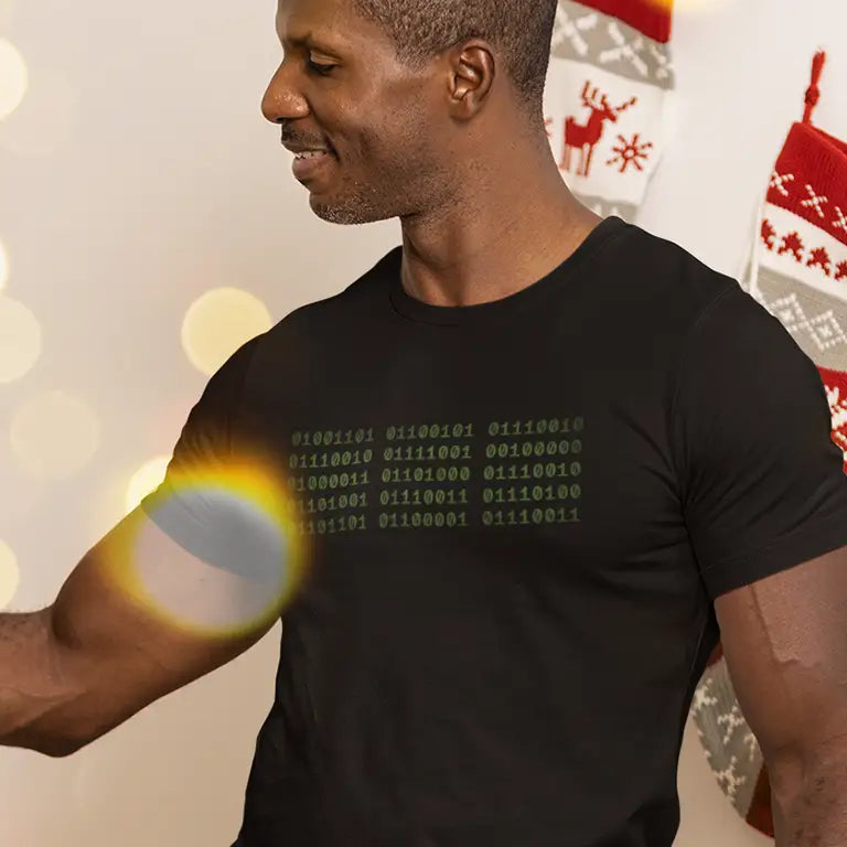 Xmas shirt reading Merry Christmas in Binary Language