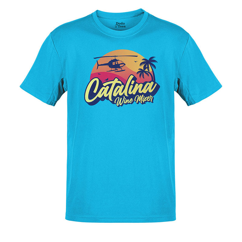 full view of the funny tshirt with catalina wine mixer graphic in teal by dodo tees