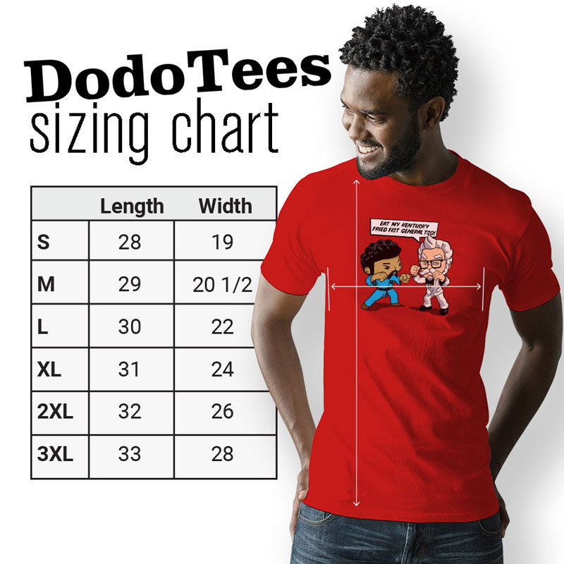  Man wearing a chicken shirt featuring General Tso and the Colonel fighting with the dodo tees sizing chart in the background