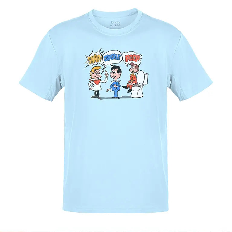 Comical T Shirt featuring the snap crackle poop design on a light blue fabric