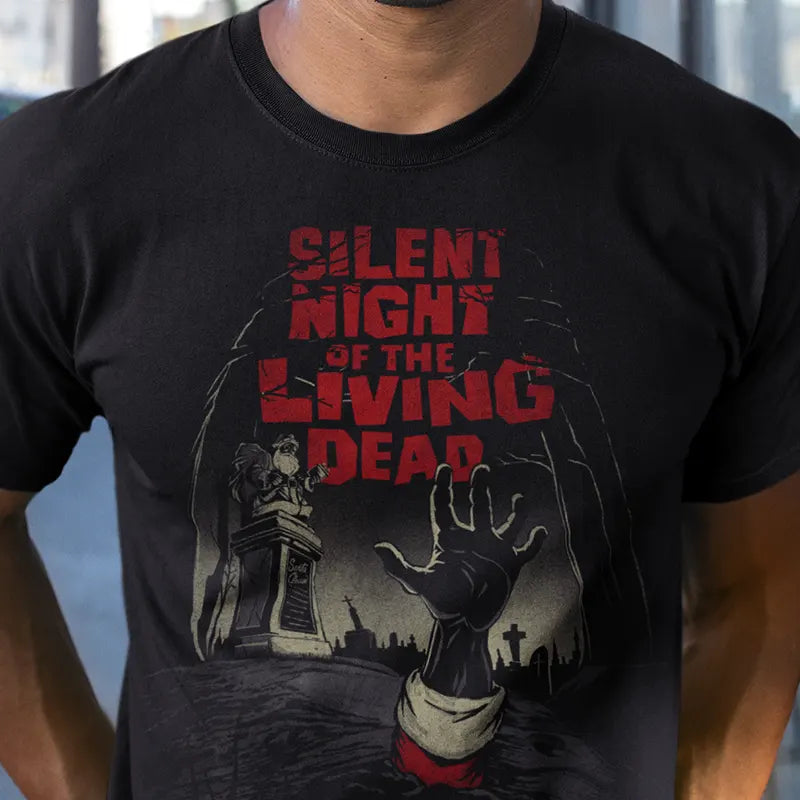 Dark sided Christmas tees reading Silent Night Of The Living Dead.