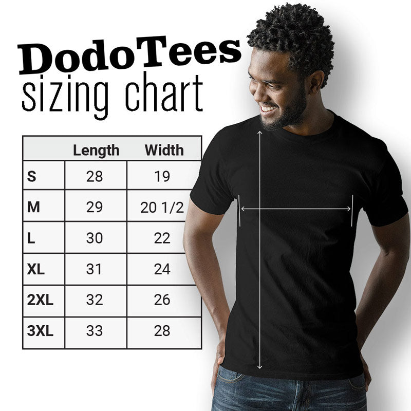 dodo tees sizing chart. graphic tees are available in sizes Small through 3XL