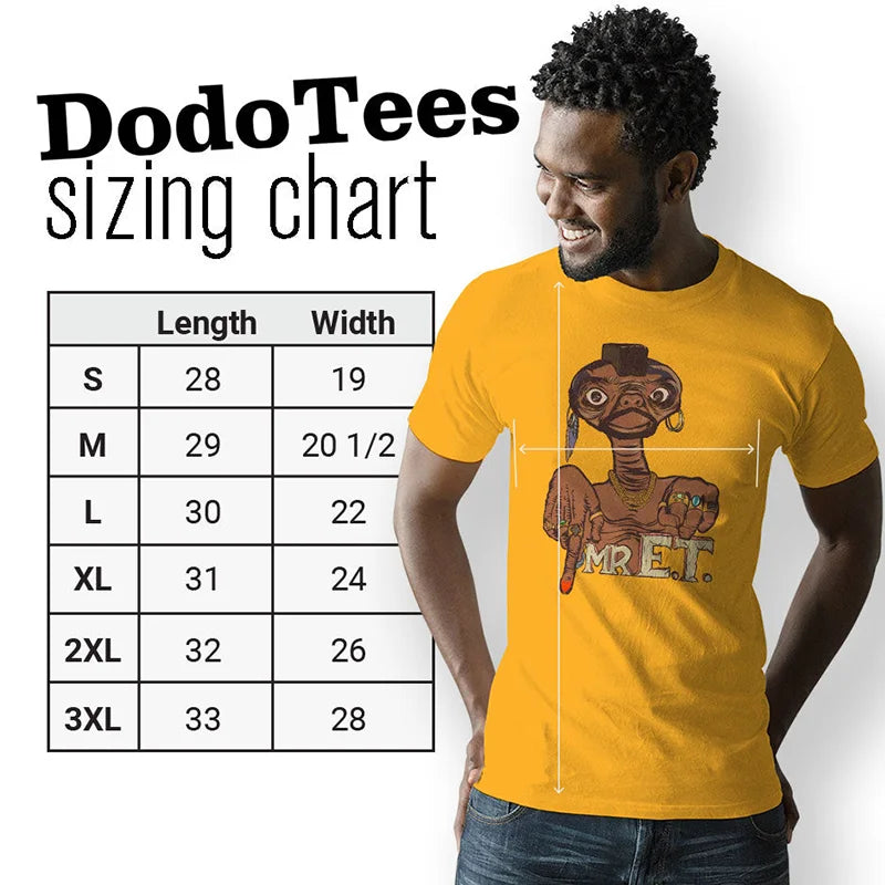 et shirt sizing chart. available in sizes small to 3XL