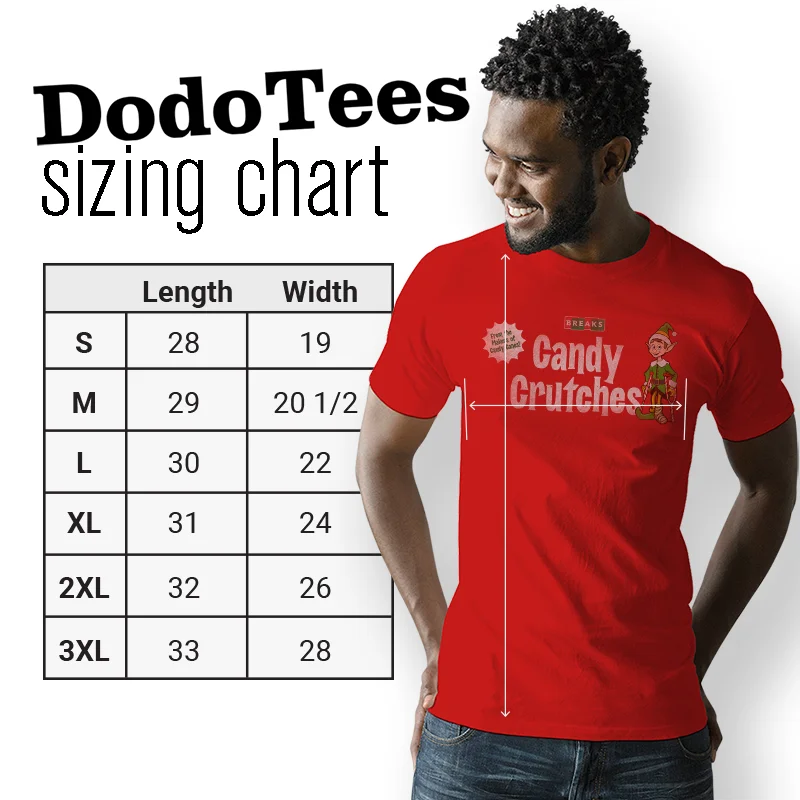 elf shirt sizing chart for the candy crutches design by Dodo Tees. 