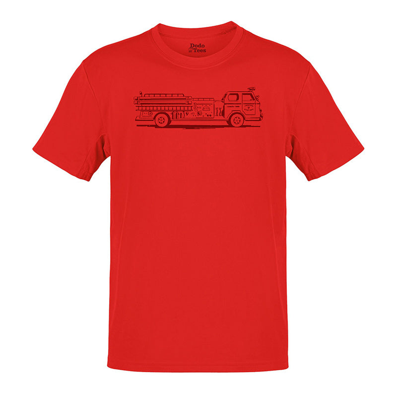 firefighter shirt with vintage firetruck illustration in red by dodo tees