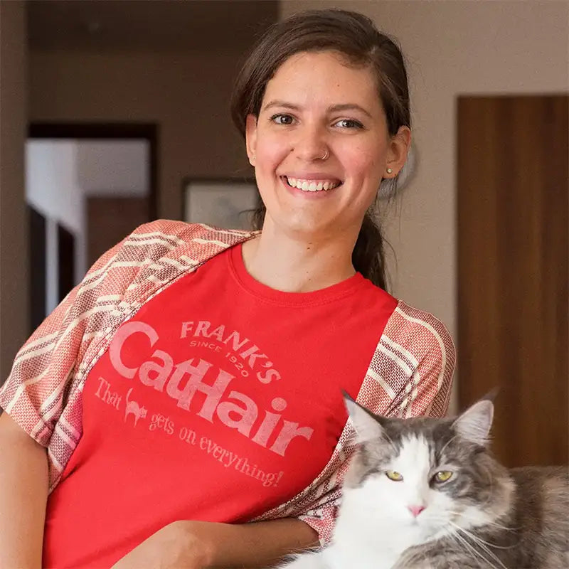 women with cat wearing the Franks cat hair cat t shirt