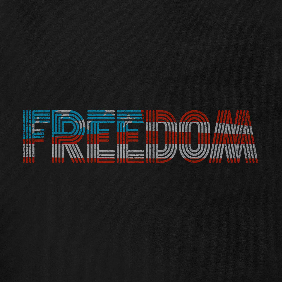 freedom 4th of July shirt Emblazoned with a distressed American flag. The Freedom Shirt features a distressed printing style for a vintage look.