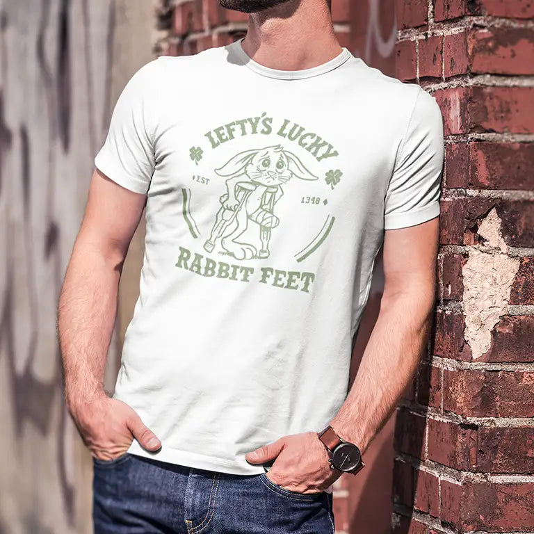man wearing the funnies St Patricks day t shirt men with Lefty's Lucky Rabbit Feet design