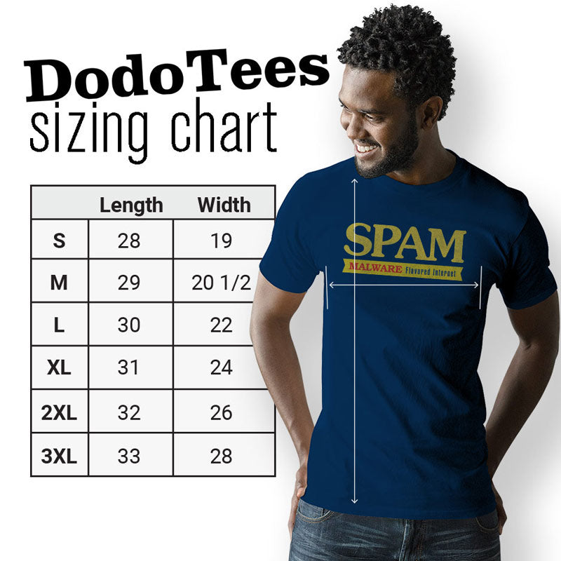  Smiling man wearing a funny coding shirt that reads Spam Malware Flavored Internet. Available in sizes small to 3XL