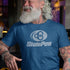 man laughing at bar wearing funny convict shirt with state pen logo