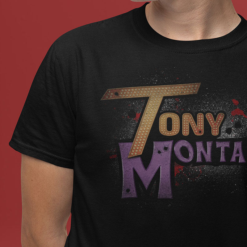 close up of the Tony Montana shirt. The silly t shirt design makes an ideal funny gift for men or movie lover gifts.