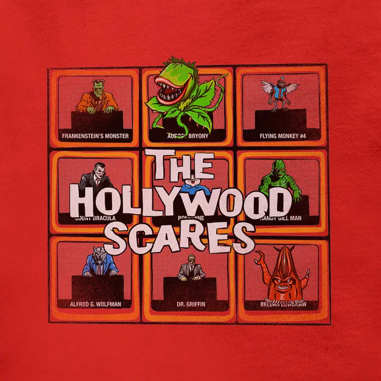 Funny Halloween tee with movie monsters playing Hollywood Scares