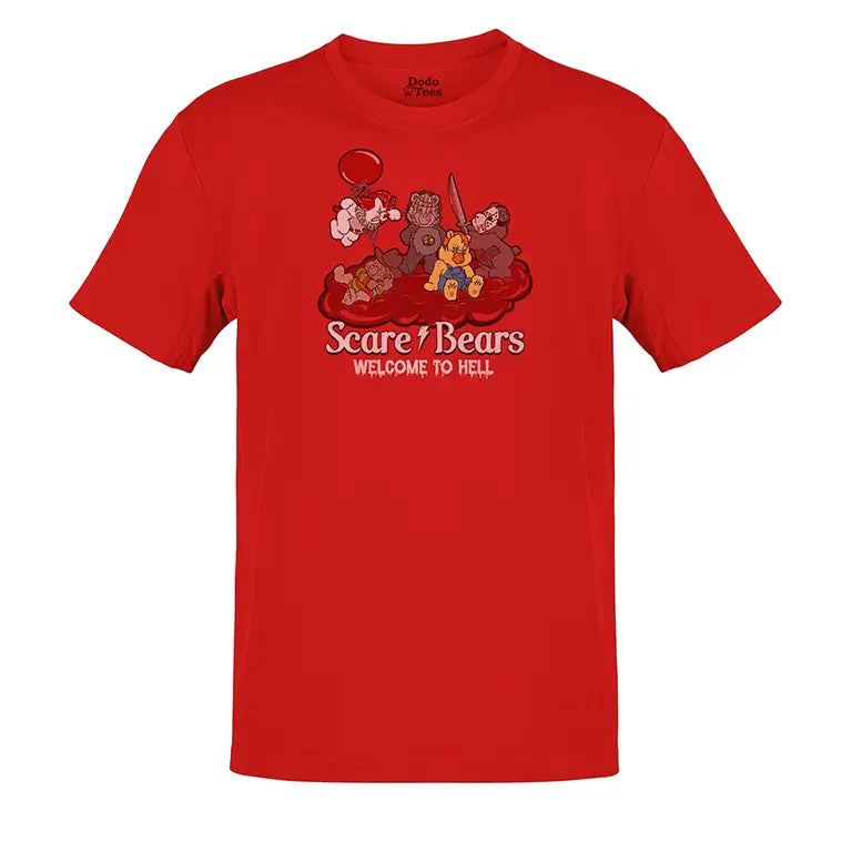 Red Funny Halloween tees for adults featuring the Scare Bears parody logo. Mens tee is available in S-3XL.