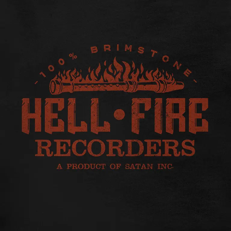 Funny Musicians t shirt with a logo reading 100% brimstone Hell Fire recorders a product of Satan Inc.