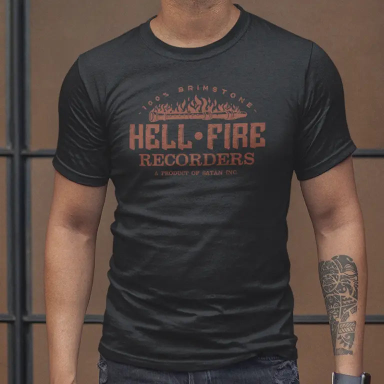 Funny musicians t shirts featuring a Hell fire recorders logo.