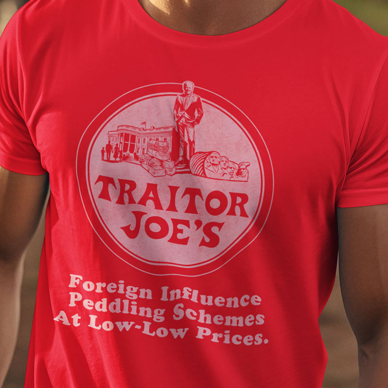 Funny Political Tee Shirts featuring traitor Joes parody logo. The funny political apparel side-seamed, offering a more tailored fit that flatters your form.