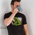 guy drinking coffee wearing a Funny shirt featuring godzilla like monster drinking coffee saying coffee first destroy later