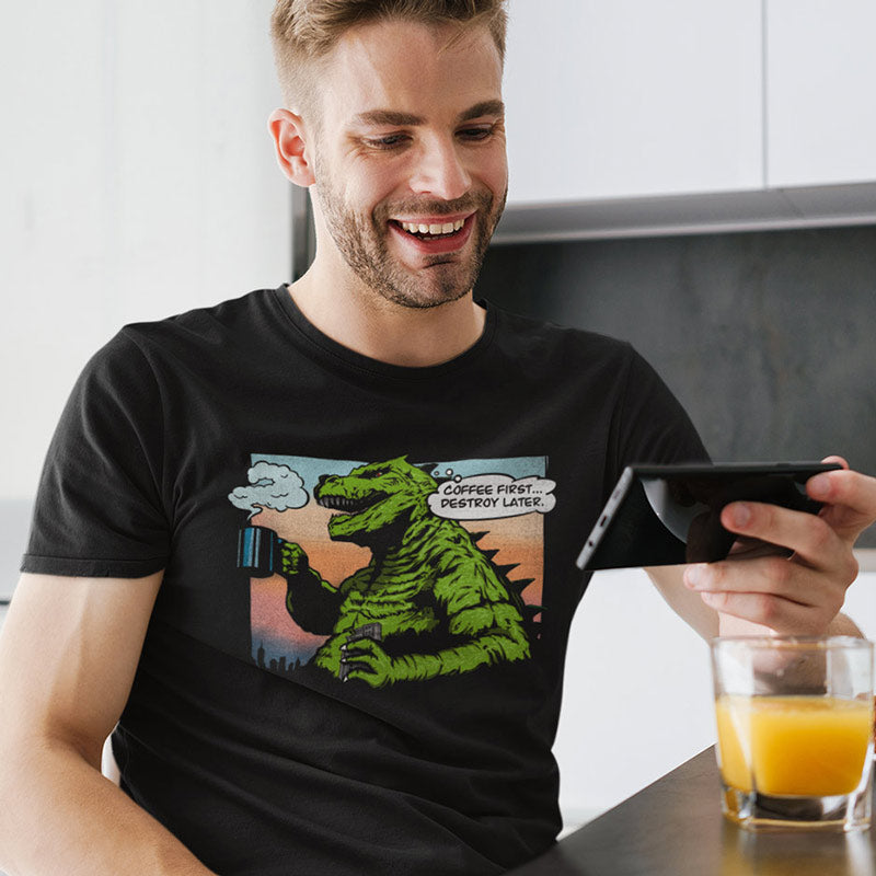 guy wearing a Funny shirt for dad with monster drinking coffee and a thought bubble saying coffee first destroy later.