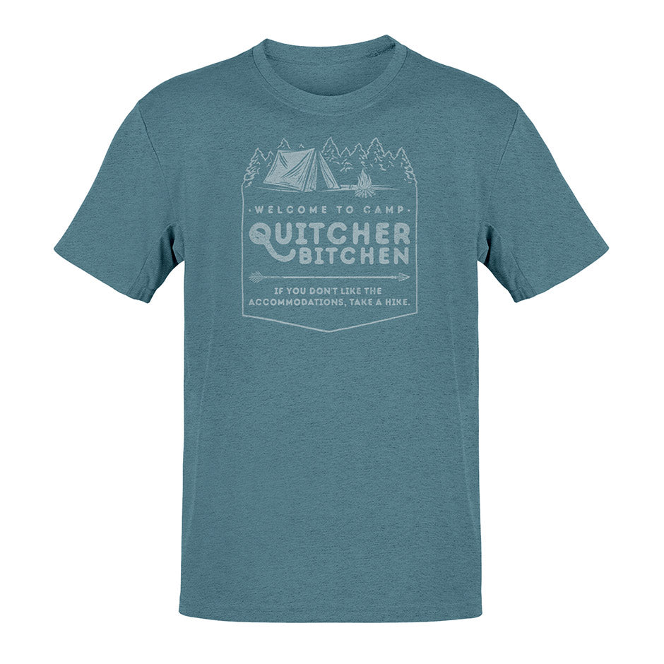 funny camping shirts for men featuring a Camp Quichterbitchen logo. The buttery soft shirt for hiking is side-seamed for a modern fit. 