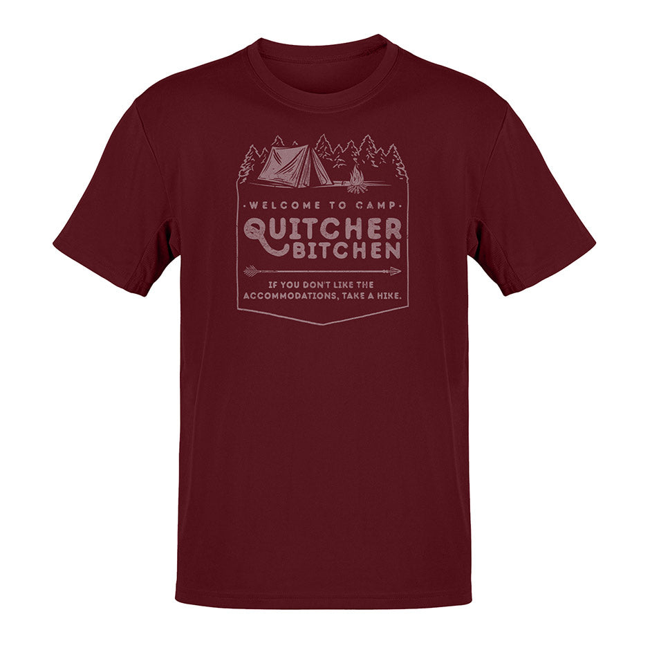 Funny camping shirts for men with the words Welcome to camp Quicher Bitchen If you dont like the accommodations, take a hike. The funny dad shirt features an old school logo complete with a tent.