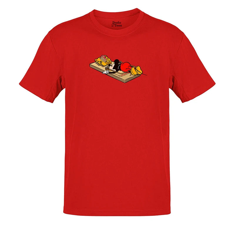 funny shirt with cartoon mouse in mouse trap in red