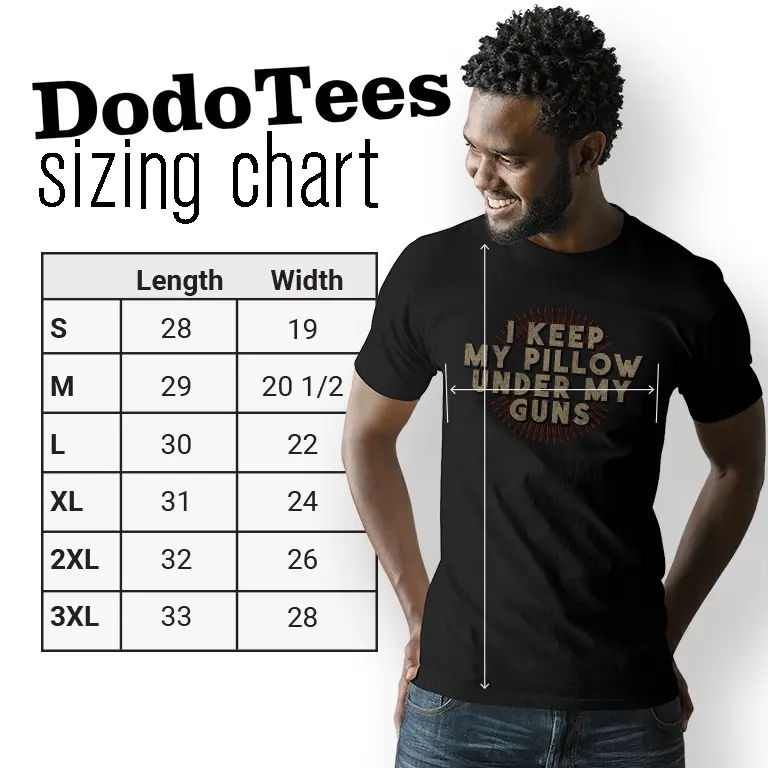 gun tee shirt sizing chart showing S-3XL.