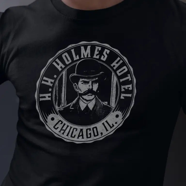 Close up of the HH Holmes murder apparel by Dodo Tees