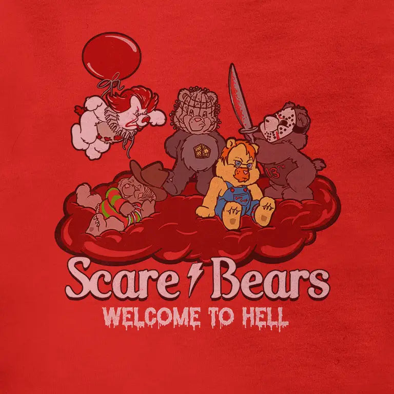 Get in the Halloween Spirit with the Scare Bears parody shirt featuring Pennywise, Freddy, Pinhead, Chucky and Freddy.